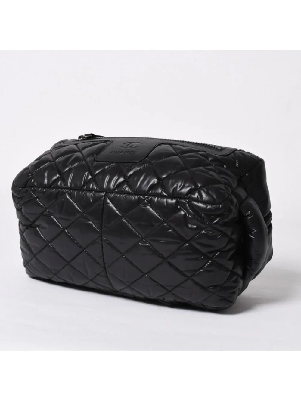 Chanel Coco Cocoon Clutch Black Nylon Calfskin Makeup Pouch Silver